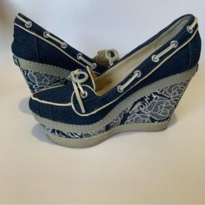 Philip Simon Blue Denim Embroidered Platforms with White Tie Bow
